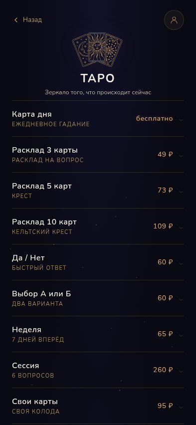Каталог раскладов внутри одной из услуг
